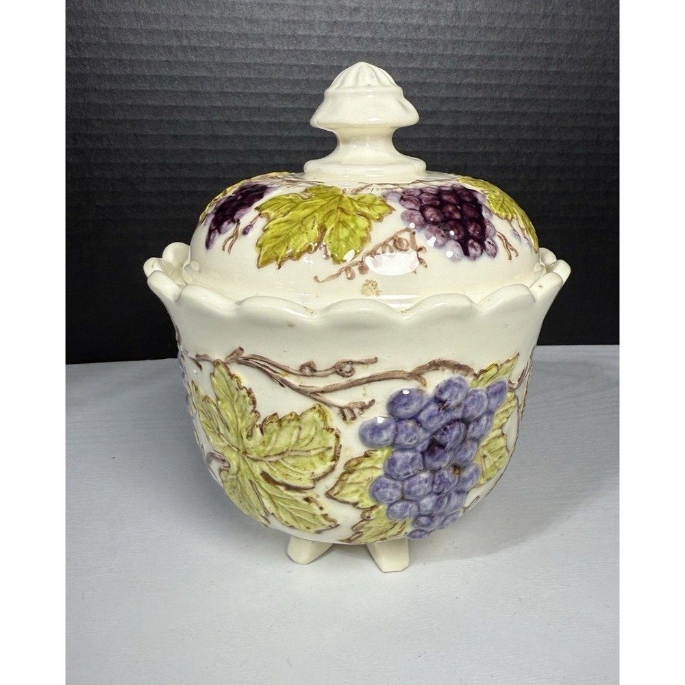 Vintage Studio Purple Grapes Wine Leaves Kitchen Decor Footed Canister Signed DI